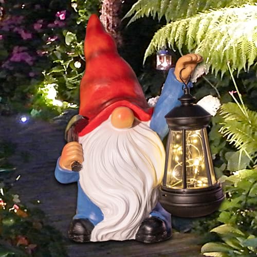 Garden Gnome Statue Solar Light Outdoor Decorations Figurine with Lantern Led Shovel Sculpture Lawn Patio Yard Porch Outside Christmas Housewarming Gifts for Women Mother's Day Grandma - color: Red Gnome