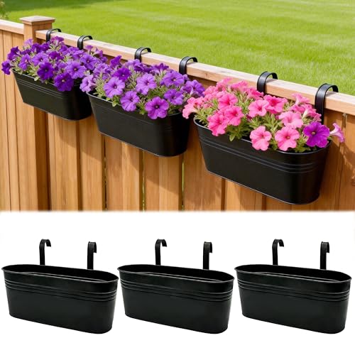 Metal Railing Planter Boxes 10 Inch, 3-Pack Adjustable Hanging Flower Pots for Balcony, Deck, Porch & Fence, Detachable Hook Design, Black Heavy Duty Planters for Outdoor - color: Black, size: 10 Inch