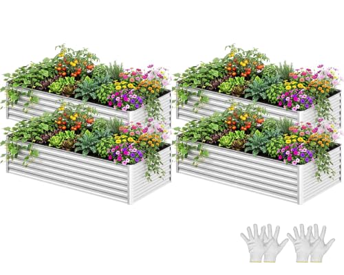 YITAHOME 4pcs 6x3x2ft Galvanized Raised Garden Bed, Metal Planter Box with Safety Rubber, Gloves, Outdoor Flower Bed for Planting Plants Vegetables, Silver - color: Silver, size: 6x3x2ft 4pcs