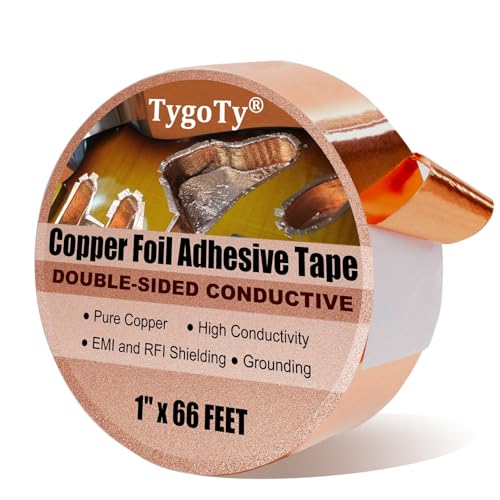 Copper Foil Self-Adhesive Tape 1inch X 66 FT 100% Pure Copper Double-Sided Conductive for Guitar, Stained Glass Soldering, Slugs,EMI Shielding, Crafts DIY, Electrical Repairs and Grounding