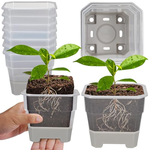 Aobiono 10 Packs 4 Inch Clear Nursery Pots with Reinforced Silicone Base for Easy Transplant, Reusable Seed Starter Seedling Small Plant Flower Planter Pots with Drainage Holes (Gray, 10 Packs) - color: Gray