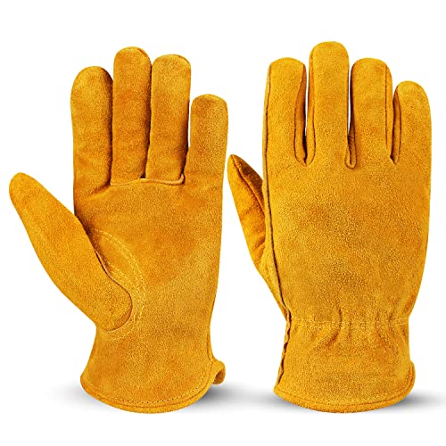 OZERO Leather Work Gloves, Gardening Gloves, Cowhide, Mesh Lining, 1Pair, M - color: Gold With Mesh Linning (1 Pair), size: Medium