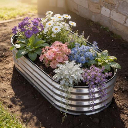Galvanized Raised Garden Bed 6x3x1ft, Rust-Resistant Metal Oval Planter Box Outdoor, Easy Assembly Planting Bed Kit for Vegetables, Fruits, Herbs - Silver