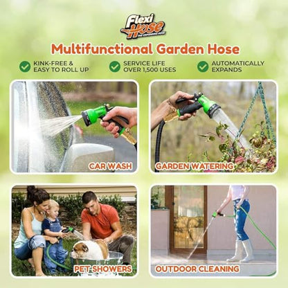 Flexi Hose Plus Expandable Garden Hose with 8 Function Nozzle, 100FT - Lightweight Retractable Garden Hose, Water Hose - No-Kink Flexibility, 3/4 Inch Solid Brass Fittings Includes Hook & Bag - size: 100ft