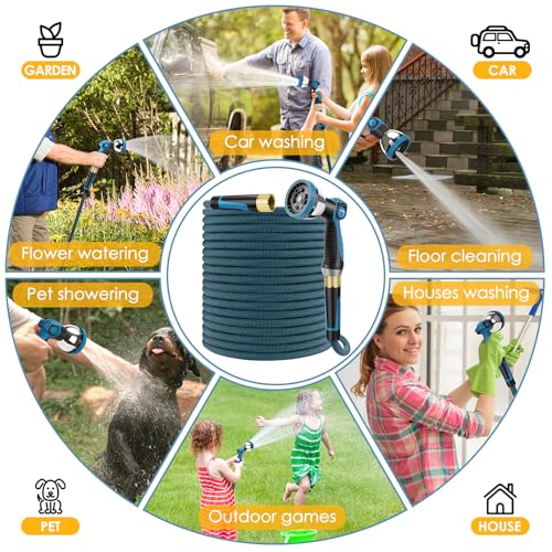 Non-Expandable Garden Hose 100 FT, Lightweight Hose with 10 Function Spray Nozzle, Kink-Free Flexible Water Hose, Durable, Leak-Proof, 360° Swivel Connectors, Portable Storage Strap