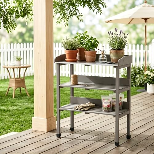 30″x14.5″×35.5″ Potting Table w/Metal Tabletop, 3 Layers Outdoor Work Bench w/Hook for Garden, Solid Wood Workstation for Garage (Grey)