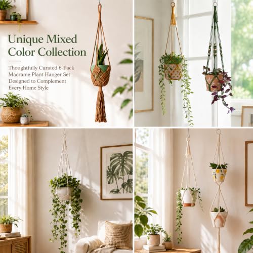 Bouqlife 6 Pack Macrame Plant Hangers Set with Hooks Indoor Hanging Planters with Patterns Handmade Cotton Rope Crochet Boho Plant Flower Pot Holders Fits Different Pot Sizes
