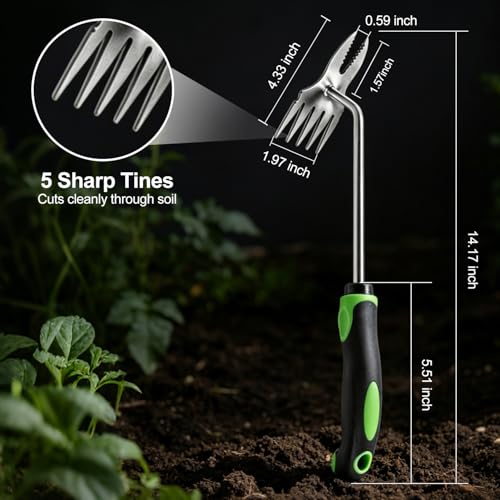 Garden Tools,2-in-1 Hand Weeder Puller, Heavy Duty Stainless Steel Gardening Hand Tool for Deep Root Removal, Ergonomic Non-Slip Weed Remover for Lawn Yard Garden,1 Pack (Five Tooth)