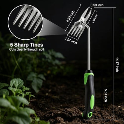 Garden Tools,2-in-1 Hand Weeder Puller, Heavy Duty Stainless Steel Gardening Hand Tool for Deep Root Removal, Ergonomic Non-Slip Weed Remover for Lawn Yard Garden,1 Pack (Five Tooth)