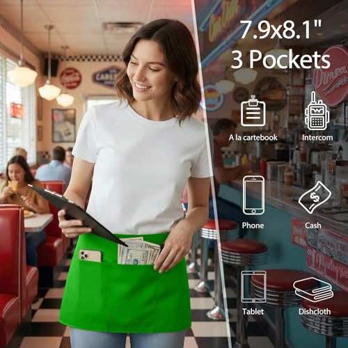 BOHARERS Waist Apron with 3 Pockets 3 Pack - Green Waitress Server Short Apron - color: 3 Pack Green