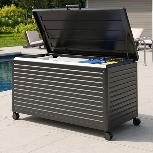 MIRADOR 175 Gallon Outdoor Storage Box with Wheels & Soft-Close Lid, Waterproof Metal Deck Box for Patio Cushions, Garden Tools & Pool Accessories, Charcoal - color: Charcoal, size: 175 Gallon