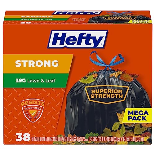 Hefty Strong Lawn and Leaf 39 Gallon Trash Bags, Heavy Duty, Black, 38ct