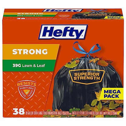 Hefty Strong Lawn and Leaf 39 Gallon Trash Bags, Heavy Duty, Black, 38ct