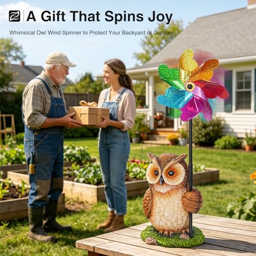 Owl Statue with Reflective Wind Spinners Garden Decor - size: Owl