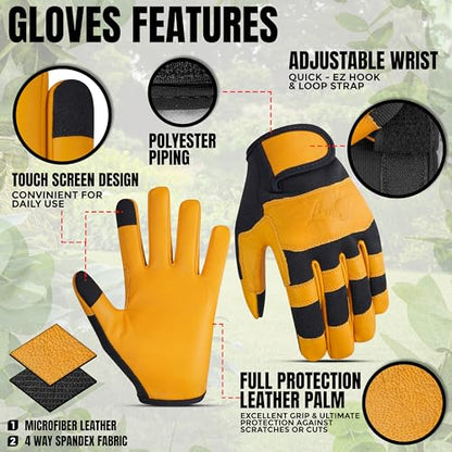 HADIZ Leather Gardening & Working Gloves Men & Women Rose Pruning Breathable Thorn Proof & Garden Tweezer Set - size: Medium