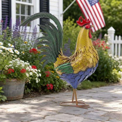 32 in Metal Rooster Statue, Farmhouse Yard & Garden Decor - color: 32"h-xl Rustic Yellow Rooster