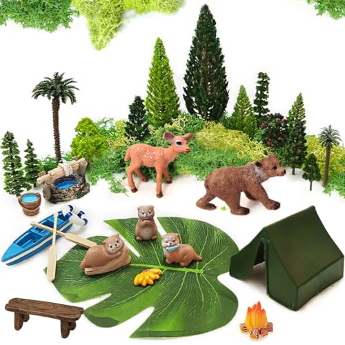 Miniature Garden Accessories, 32 Pcs, Model Scenery Kit, Forest Animal Figures with Model Trees Craft Grass for DIY Crafts, Micro Landscape Decoration
