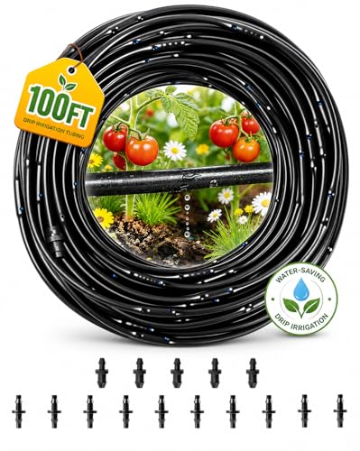 1/4 Drip Irrigation Tubing 100FT, Built-in 0.5 GPH Emitters, 6 Inch Spacing - size: 100FT