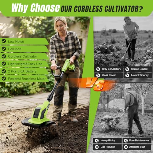 6000mAh Brushless Cordlees Tiller for Gardening,9" Width 7" Depth