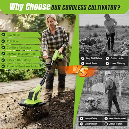 6000mAh Brushless Cordlees Tiller for Gardening,9" Width 7" Depth