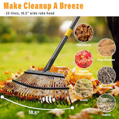 Rake for Leaves - 25 Tines Heavy Duty Metal Rake Set with Leaf Scoops & Collector Bag, Adjustable Rakes for Lawns, 3-in-1 Leaf Collection Tool for Efficient Yard Pine Needle Grass Cleanup 5FT
