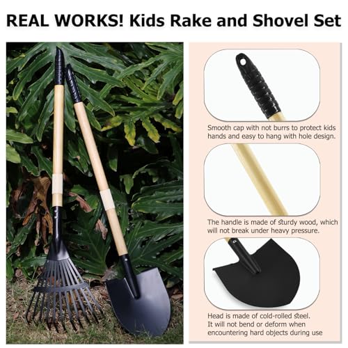 Kids Garden Tool Set, 2-Piece Rake and Shovel with Wooden Handles, 28 Inch Long, Black Metal Gardening Tools for Boys and Girls Digging Sand, Outdoor Toy Gifts for Sandbox - color: 1pcs rake & 1pcs shovel