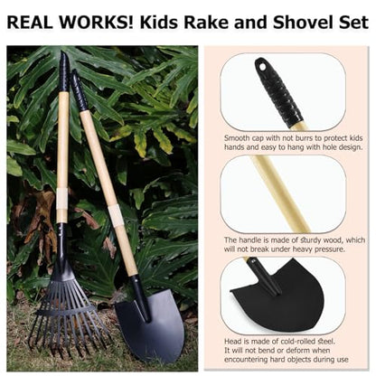 Kids Garden Tool Set, 2-Piece Rake and Shovel with Wooden Handles, 28 Inch Long, Black Metal Gardening Tools for Boys and Girls Digging Sand, Outdoor Toy Gifts for Sandbox - color: 1pcs rake & 1pcs shovel