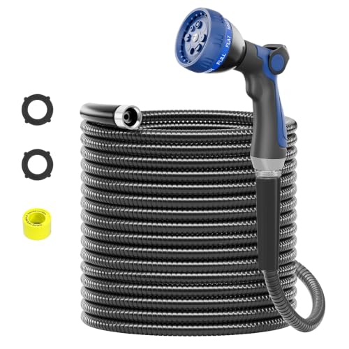 SPECILITE 25ft 304 Stainless Steel Metal Hose (Black) with Blue Nozzle - color: Black, size: 25 ft