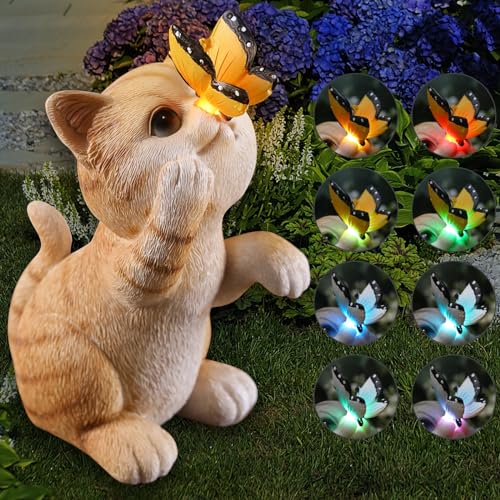 Solar Garden Statue Cute Cat Figurine Fun Color Changing LED Butterfly Light Outdoor Decor Waterproof Resin Sculpture Patio Lawn Art Housewarming Gifts for Cat Lovers Women - color: Orange Cat