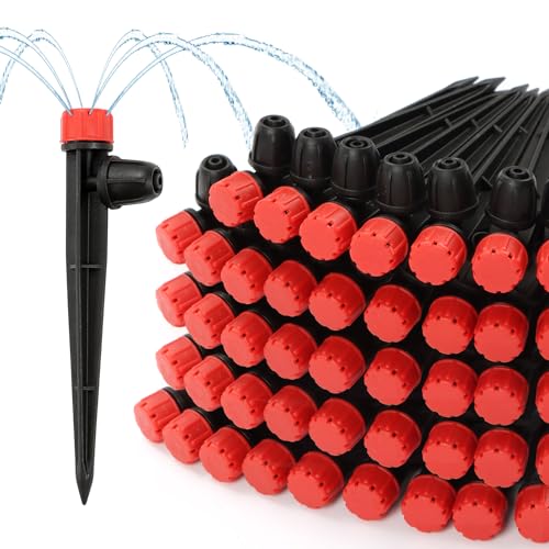 50pcs Drip Emitters for 1/4" Irrigation Tubing, Easy Connect Adjustable 360 Degree Water Flow Sprayer On 5" Stake for 4/7mm Tube Locked Drippers for Garden, Flower, Plant - color: Red Drip Emitter