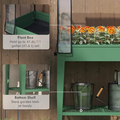 Outsunny Raised Garden Bed with Greenhouse Cover, Lockable Wheels, Green
