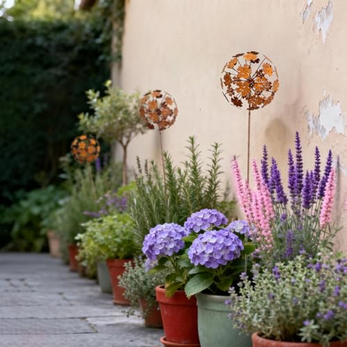 Rustic Dandelion Garden Stakes 2 Pack, 3D Rusty Metal Flowers Sculpture - color: Style 2