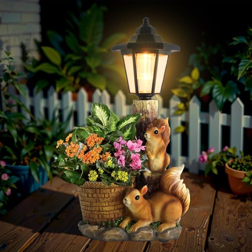 Solar Squirrels Outdoor Statues, Garden Sculpture with Flowerpot & Lantern - color: Squirrels