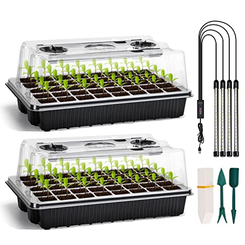 Seed Starter Tray Kit with Grow Lights, 2 Pack 80 Cells Seed Trays with Humidity Dome, Mini Greenhouse for Seeds Growing Starting Sprouting Germination