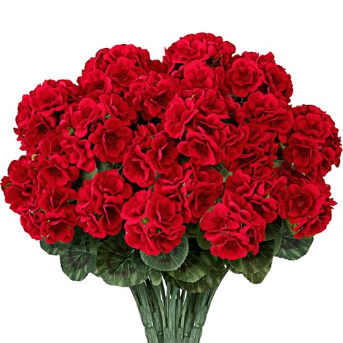 14" Artificial Red Geranium 6-Pack Silk Flowers for Outdoors
