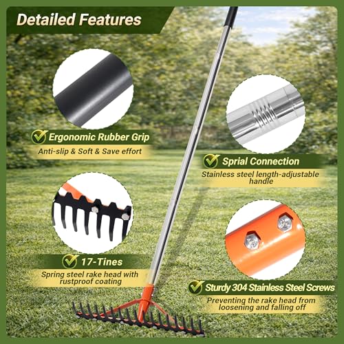 62 Inch Garden Rake with 17 Tempered Spring Steel Tines - style: Garden Rake