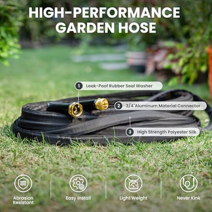 Giraffe Tools Garden Hose 100FT Lightweight Lay Flat Water Hose Kink Free Flexible Hose with 9 Spray Function Nozzle（Black） - size: 100FT