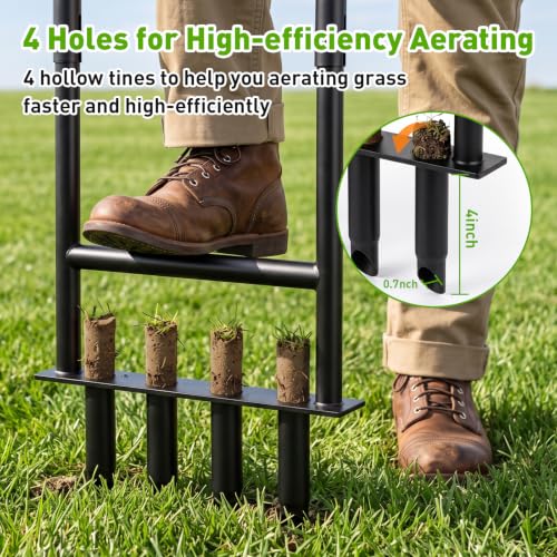 Manual Core Aerator Lawn Tool, Heavy Duty Lawn Aerator Tool with 4 Hollow Tines, Yard Aeration Tool for Lawn, Grass Plug Aerator for Compacted Soil, Lawn Care