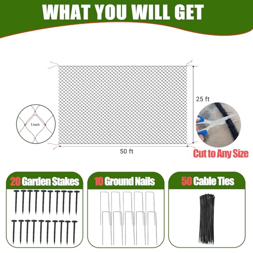 Anti-Bird Nets for Garden Chicken Coops - Garden Netting Over Garden Hoops - size: 1", 25' x 50'