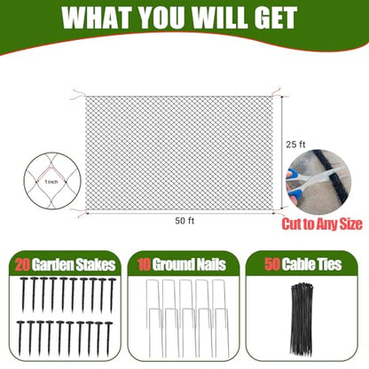 Anti-Bird Nets for Garden Chicken Coops - Garden Netting Over Garden Hoops - size: 1", 25' x 50'