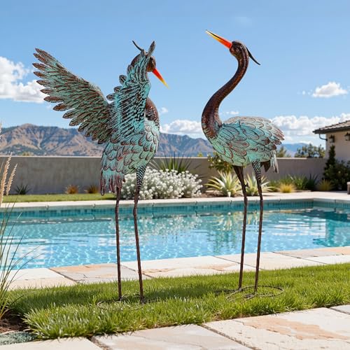 36.8" Metal Blue Heron Garden Statue, Handcrafted Crane Sculpture - color: 36" Distressed Patina Green
