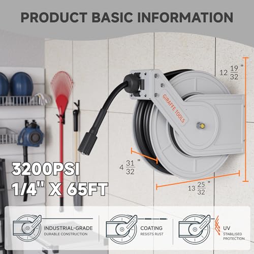 Giraffe Tools 65ft Retractable Pressure Washer Hose Reel, 3200 PSI