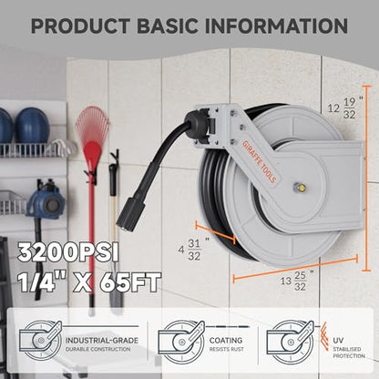 Giraffe Tools 65ft Retractable Pressure Washer Hose Reel, 3200 PSI