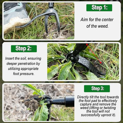 Stand Up Weed Puller Tool 2 in 1 Heavy Duty Manual Weeder & Garden Hoe, 4-Claw Steel Head Weed Remover with Gloves for Yard Lawn Patio Flower Bed