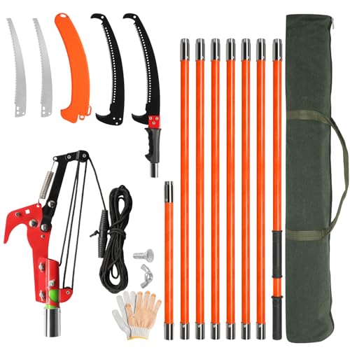 VINGLI 26FT Manual Pole Saw for Tree Trimming, Extendable Tree Pruner, Sharp Steel Blade and Scissors, High Tree Branch Cutter with Lightweight 8 Fiberglass Long Handles, for Pruning Palms and Shrubs - color: Orange, size: 26ft