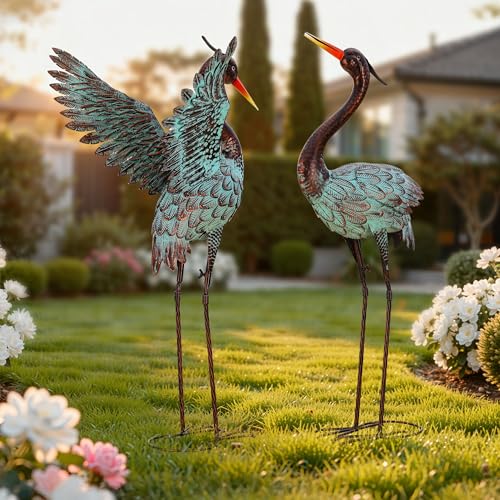 36.8" Metal Blue Heron Garden Statue, Handcrafted Crane Sculpture - color: 36" Distressed Patina Green