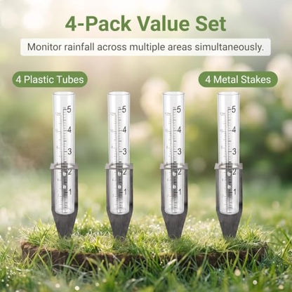 4 Pack Plastic Rain Gauge Outdoor with Metal Stake for Yard Garden Lawn