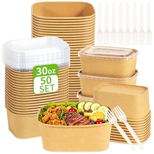 50-Pack 30oz Disposable Meal Prep Containers with Lids and Forks, Compostable Kraft Paper Bowls To Go, Microwave & Freezer Safe Food Containers for Hot Soup, Cold Dessert, Lunch, Takeout - size: 30 oz