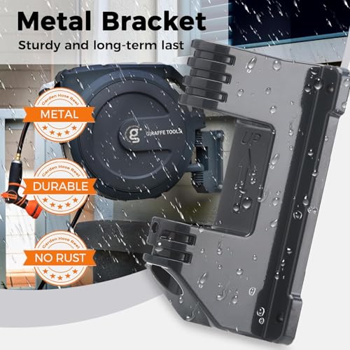 Giraffe Tools Retractable Garden Hose Reel Auto Rewind Wall Mount 5/8" 95FT - size: 5/8''90ft Metal Bracket