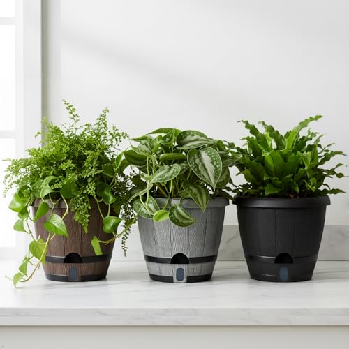 Sun-E 10" Self-Watering Whiskey Barrel Planters 3 Pack for Indoor Outdoor - color: Mix Colour Set